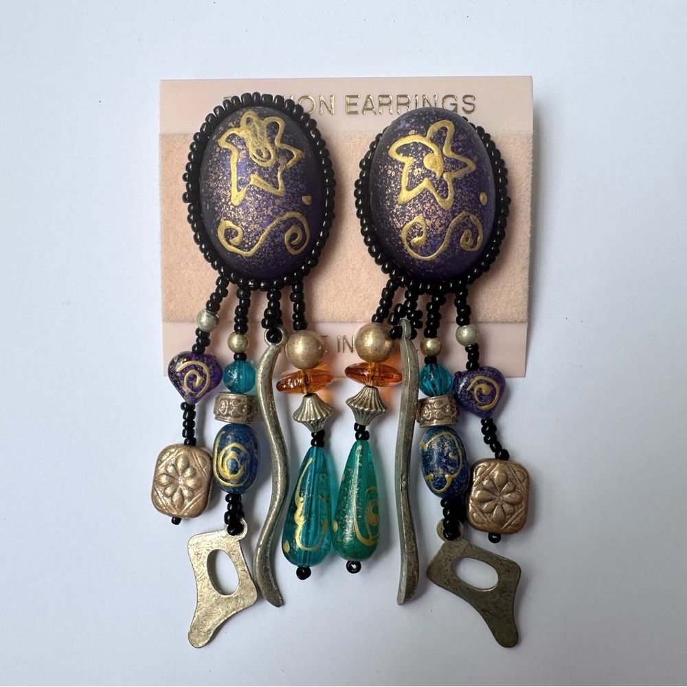 1990s NOS Hand Painted Bohemian Beaded Fringe Statement Earrings